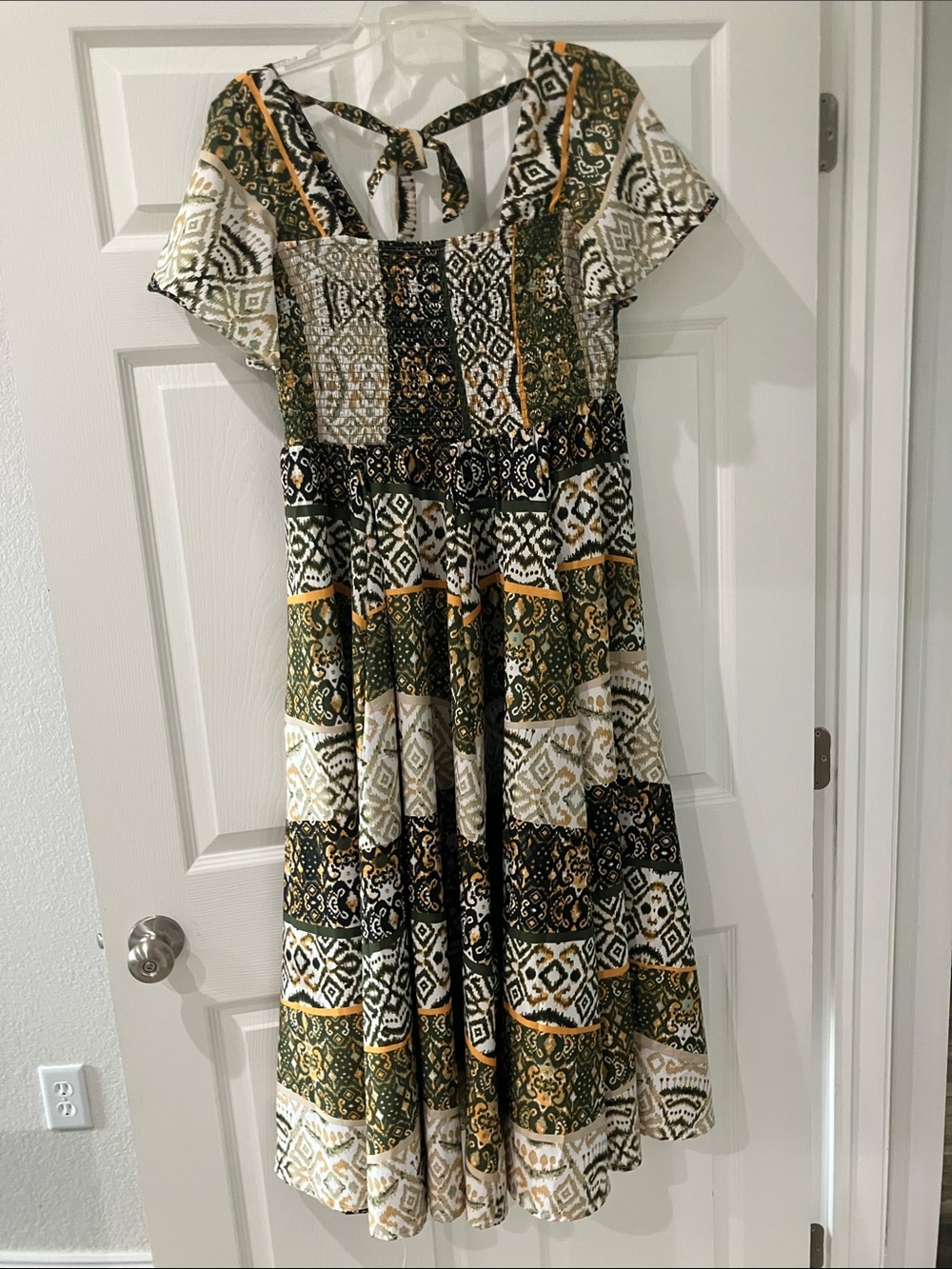 Cato Boho Patchwork Midi Dress - Olive & White